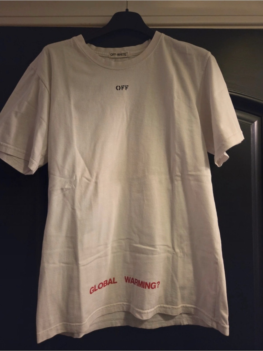 Off-White White Tee with Red 'GLOBAL WARMING?' Hem Print